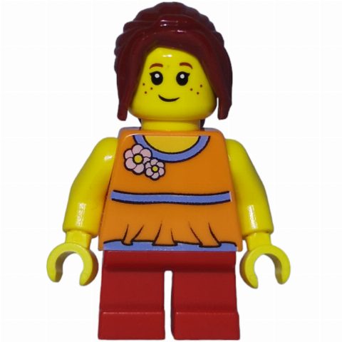 Minifigurka Girl, Orange Top, Short Red Legs, Dark Red Hair