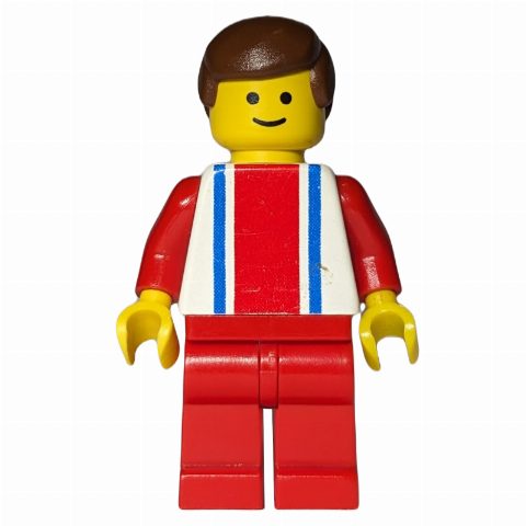 Minifigurka Man, White Top with Large Red Stripe and 2 Blue Stripes, Red Legs, Brown Hair (3626b Head)