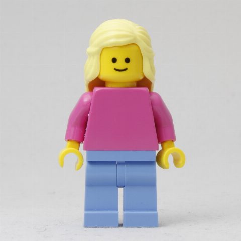 Minifigurka Woman, Plain Dark Pink Torso, Medium Blue Legs, Bright Light Yellow Hair