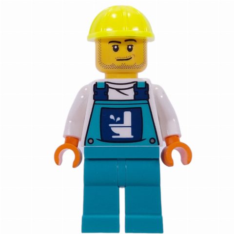 Minifigurka Plumber, White Shirt, Dark Turquoise Overall, Vibrant Yellow Hat