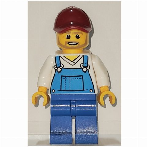 Minifigurka Man, Blue Overalls over White V-Neck Shirt, Dark Red Cap, Beard