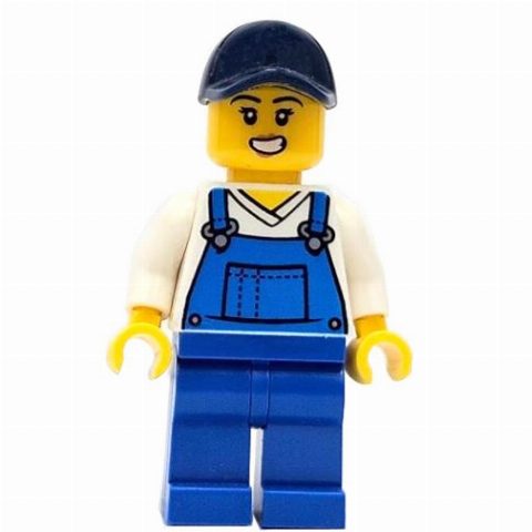 Minifigurka Train Worker, White Torso, Blue Overall, Dark Blue Cap