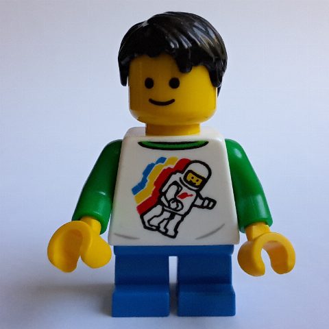 Minifigurka White Torso with Space Figure, Blue Legs, Black Hair