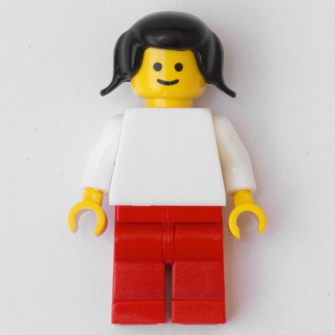 Minifigurka Woman - White Torso, Red Legs, Black Hair