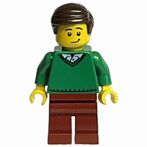 Minifigurka Green Torso, Reddish Brown Legs, Dark Brown Hair