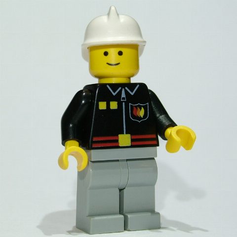 Minifigurka Fireman, Black Fire Jacket with Red Belt and Badge, Light Bluish Gray Legs, White Helmet