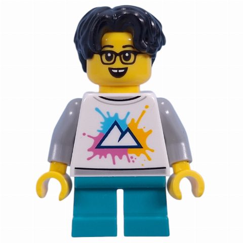Minifigurka Kid - White Torso with Mountains, Dark Turquoise Legs, Black Hair