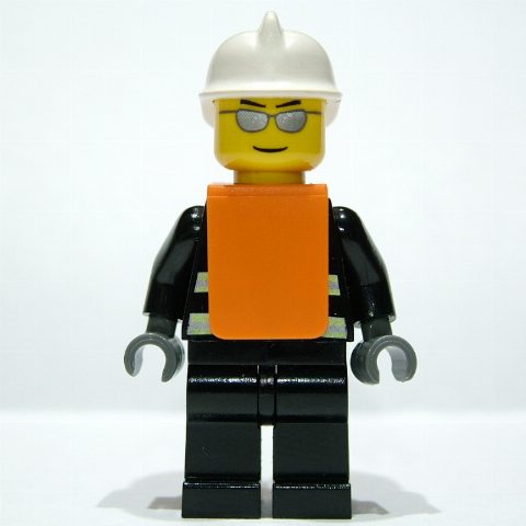 Minifigurka Fireman, Black Fire Jacket with Reflective Stripes, Radio, and Badge, White Helmet, Orange Vest, Silver Sunglasses