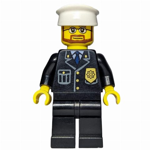 Minifigurka Policeman, Black Suit with Badge, White Hat, Beard and Glasses