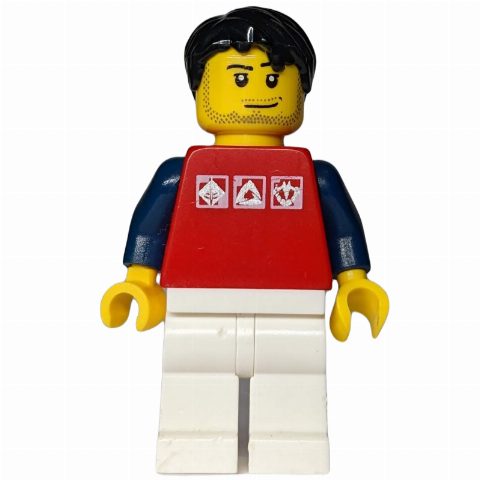 Minifigurka Man, Red Top with Dark Blue Arms, White Legs, Black Hair, Stubble