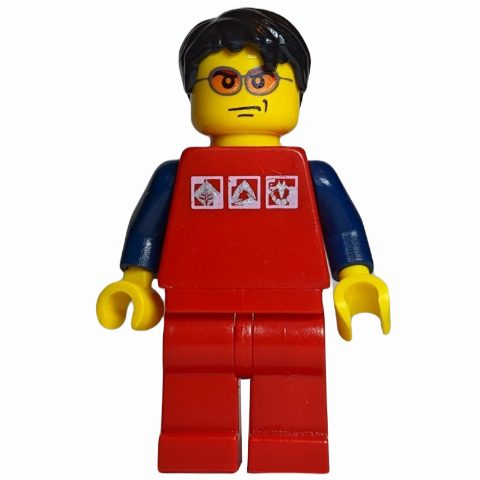 Minifigurka Man, Red Shirt with Dark Blue Arms, Red Legs, Black Hair, Orange Sunglasses