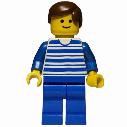 Minifigurka Man - Blue/White Striped Torso, Blue Legs, Brown Hair