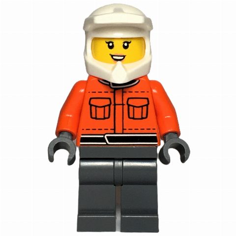 Minifigurka Pit Crew, Reddish Orange Torso, Dark Bluish Grey Legs, Female, Smile