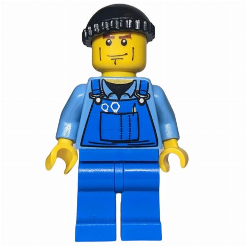 Minifigurka Man, Blue Overalls over Shirt, Blue Legs, Black Hat, Cheek Lines