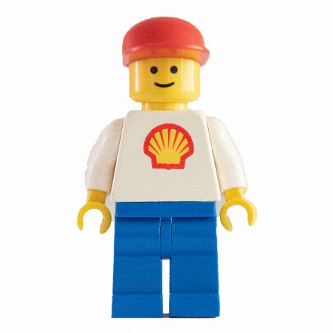 Minifigurka Shell - White Torso with Logo, Blue Legs, Red Cap