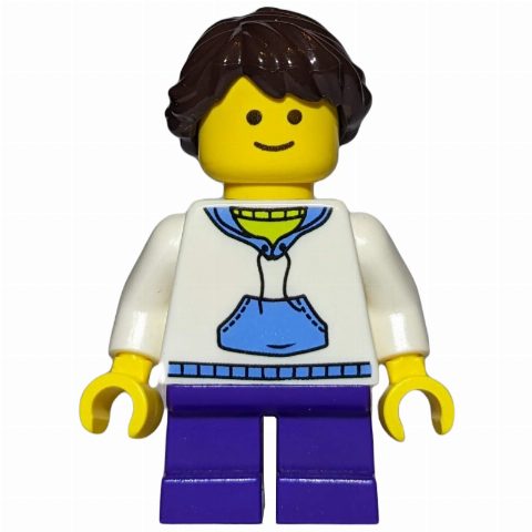 Minifigurka Kid, White Torso, Dark Purple Legs, Dark Brown Hair