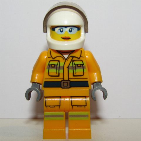 Minifigurka Firewoman, Bright Light Orange Fire Suit, White Helmet with Visor, Light Blue Sunglasses