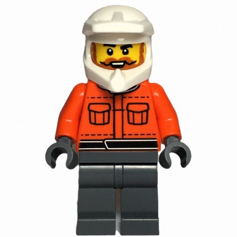 Minifigurka Pit Crew, Reddish Orange Torso, Dark Bluish Grey Legs, Male, Dark Orange Beard