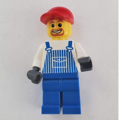 Minifigurka Man, Blue and White Striped Overalls, Red Cap, Goatee Beard