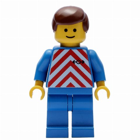 Minifigurka Train Worker - Red/White Shirt, Blue Legs, Brown Hair (3626b Head)