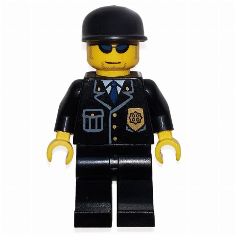 Minifigurka Policeman, Black Suit with Badge, Black Cap, Sunglasses