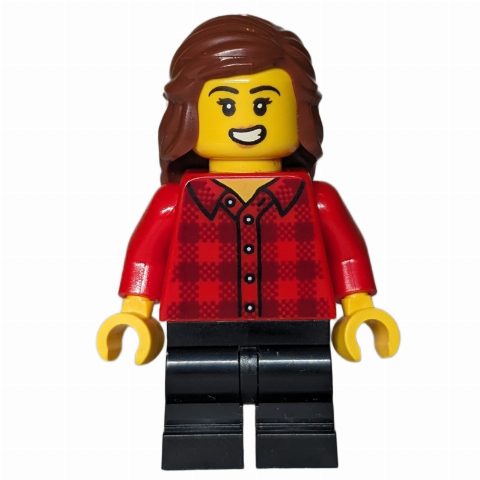 Minifigurka Girl, Red Torso, Black Medium Legs, Reddish Brown Hair