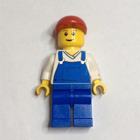 Minifigurka Man, Blue Overalls over White V-Neck Shirt, Red Cap, Brown Eyebrows