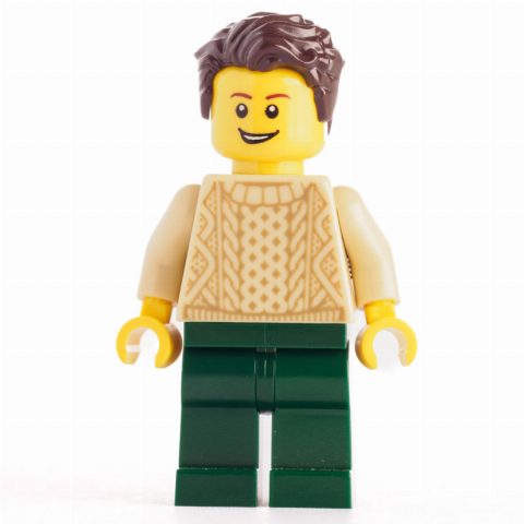 Minifigurka Tan Torso Sweater, Dark Green Legs, Dark Brown Hair
