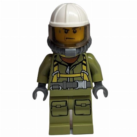 Minifigurka Volcano Explorer, Man, Olive Green Jumpsuit with Straps, White Hard Hat with Visor, Breathing Apparatus