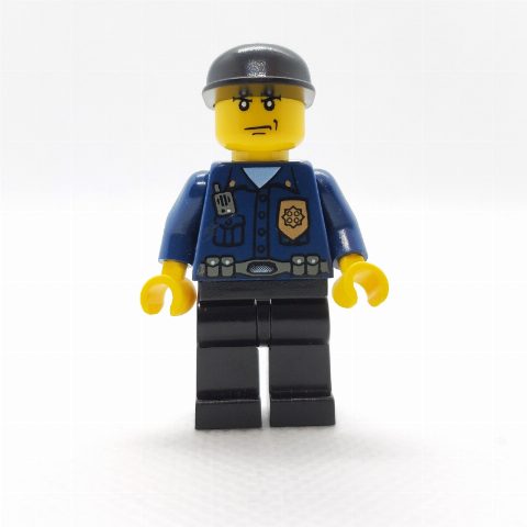 Minifigurka Policeman, Dark Blue Shirt with Radio and Badge, Black Legs, Black Cap