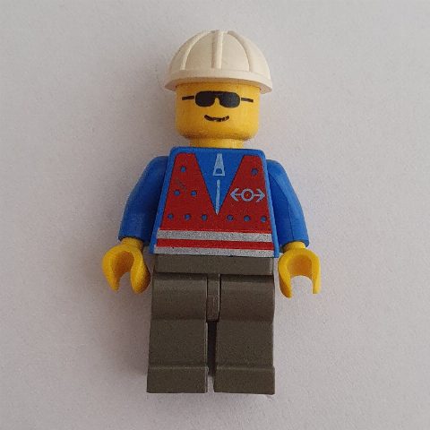 Minifigurka Train Worker - Red Vest, Dark Gray Legs, White Helmet, Sunglasses
