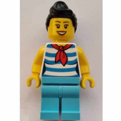 Minifigurka White Torso, Medium Azure Legs, Black Hair