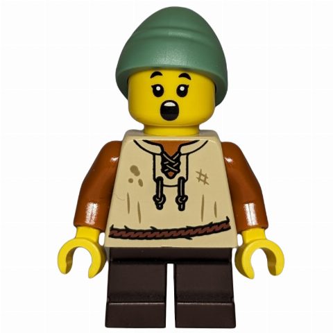 Minifigurka Kid, Tan Torso, Dark Brown Legs, Sand Green Hat