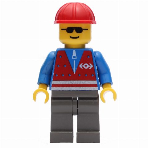 Minifigurka Train Worker - Blue Torso, Dark Gray Legs, Red Helmet
