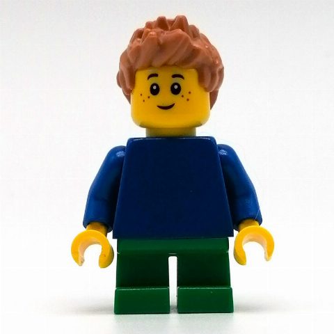 Minifigurka Leo - Blue Torso, Green Legs, Medium Nougat Hair