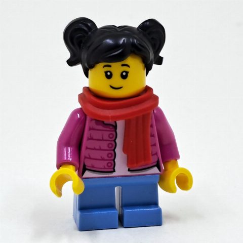 Minifigurka Girl, Open Dark Pink Jacket, Short Medium Blue Legs, Red Scarf, Black Hair