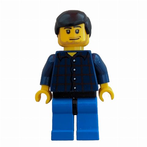 Minifigurka Man, Dark Blue Plaid Shirt, Blue Legs, Black Hair, Stubble