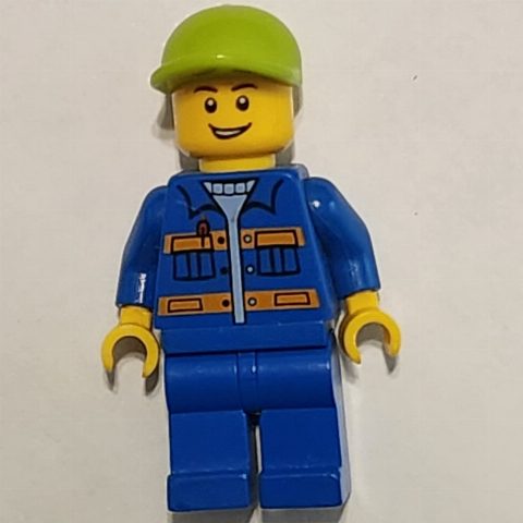 Minifigurka Worker - Blue Torso, Blue Legs, Lime Cap