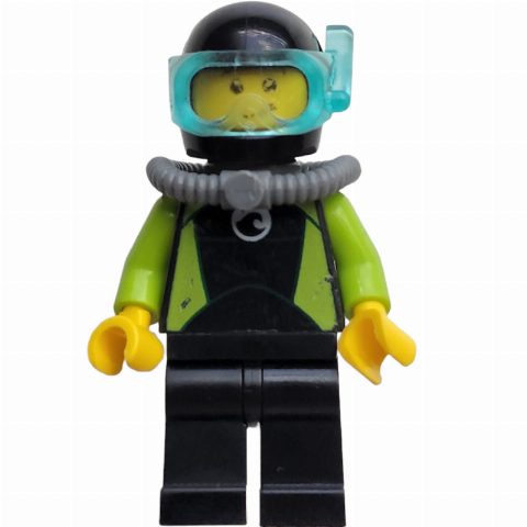 Minifigurka Coast Guard Diver, Black and Lime Wetsuit, Black Helmet, Airtank, Mask