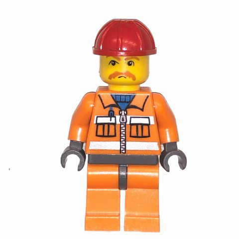 Minifigurka Construction Worker, Orange Jacket with Zipper and Reflective Stripes, Orange Legs, Red Hard Hat, Moustache