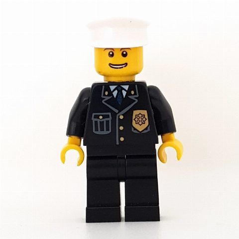 Minifigurka Policeman, Black Jacket with Pocket and Badge, White Hat, Open Mouth