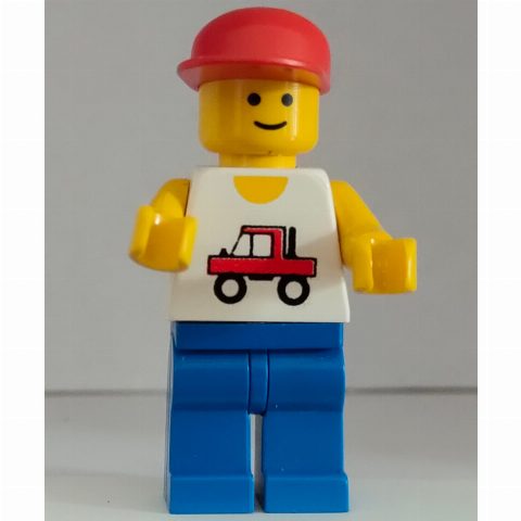 Minifigurka Man, White Vest with Truck, Blue Legs, Red Cap (3626a Head)