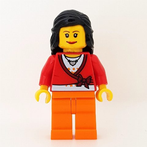 Minifigurka Red Torso, Orange Legs, Black Hair