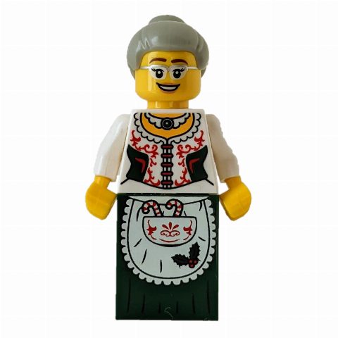 Minifigurka Mrs. Claus, White Corset with Red Sides, Apron with Candy Canes, Dark Green Dress