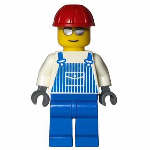 Minifigurka Man, Blue and White Striped Overalls, Red Hard Hat, Silver Sunglasses