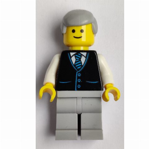 Minifigurka Black Torso Jacket, Light Bluish grey Legs, Light Bluish Grey Hair