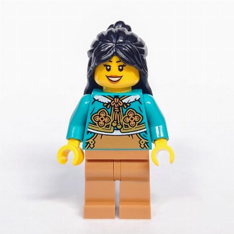 Minifigurka Dark Turquoise Torso, Medium Nougat Legs, Black Hair