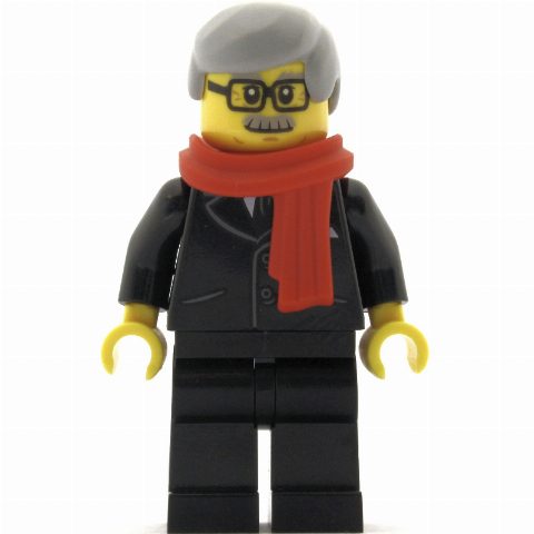 Minifigurka Man, Black Suit with Tie, Red Scarf, Light Bluish Gray Hair, Moustache and Glasses