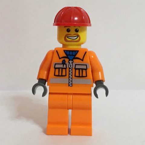 Minifigurka Construction Worker, Orange Jacket with Zipper and Reflective Stripes, Red Hard Hat, Goatee Beard