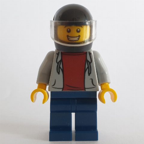 Minifigurka Man, Light Bluish Gray Hoodie over Dark Red Shirt, Dark Blue Legs, Black Helmet with Visor